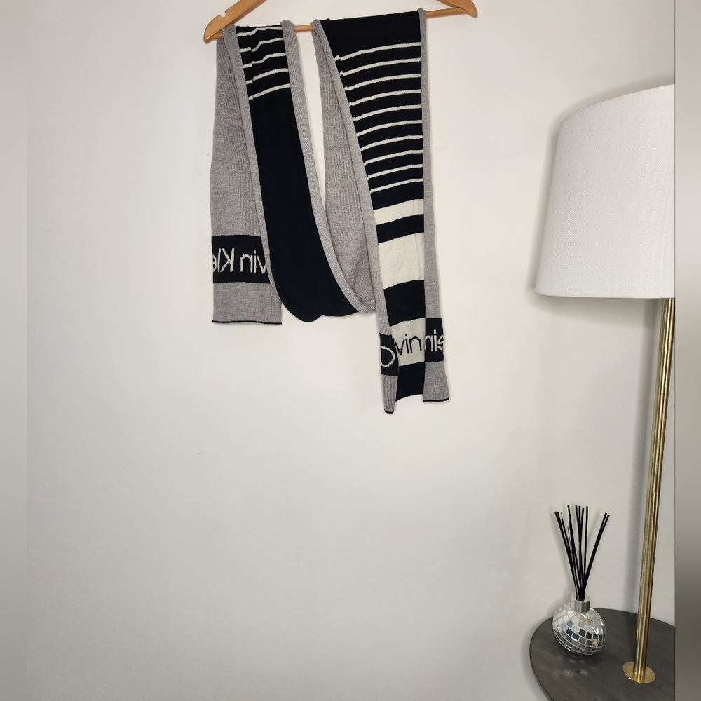 Calvin Klein Striped Knit Scarf — Black, Gray & White - Picture 7 of 10